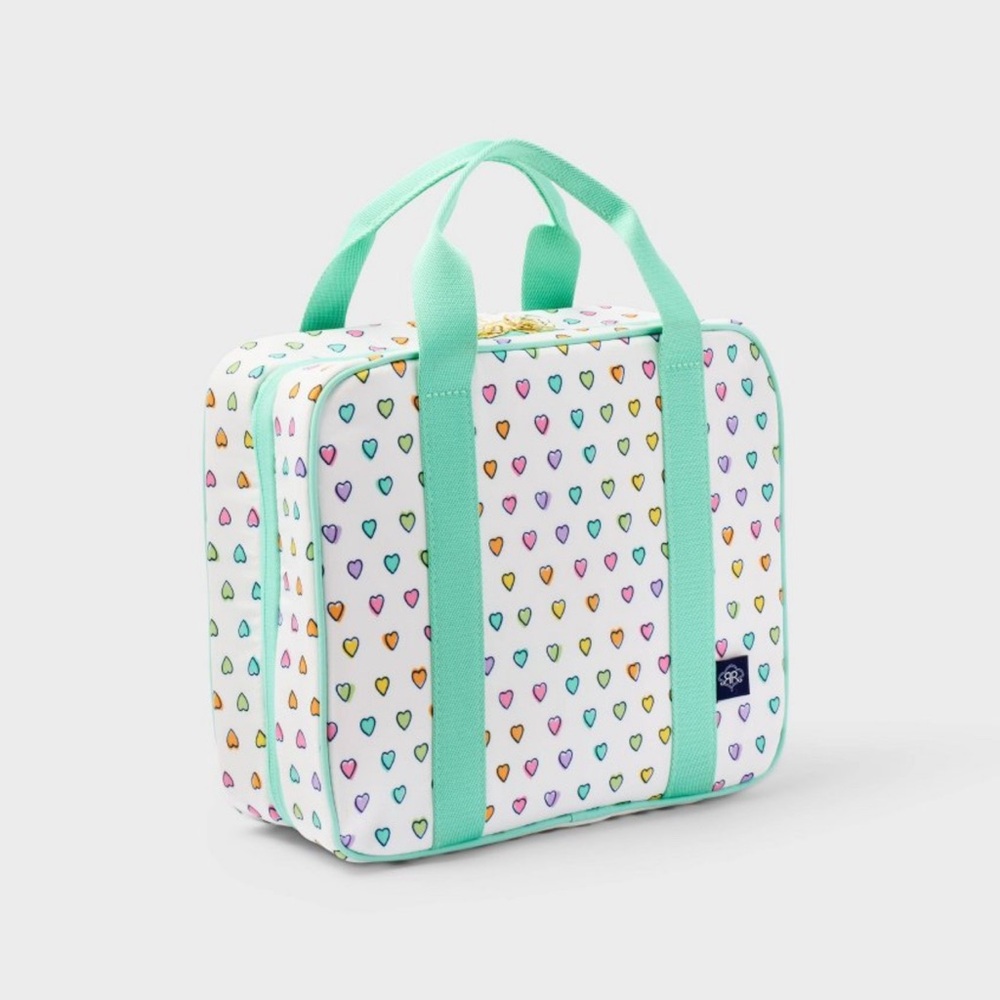 Roller Rabbit White Cosmetic Case with Mint Handles and Multicolor Heart Print